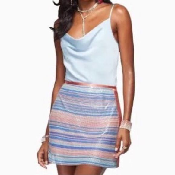 RAMY BROOK Skirt Kate exclusive Chainmail Metallic Satin Mini Pink Blue Size XS - Picture 1 of 12